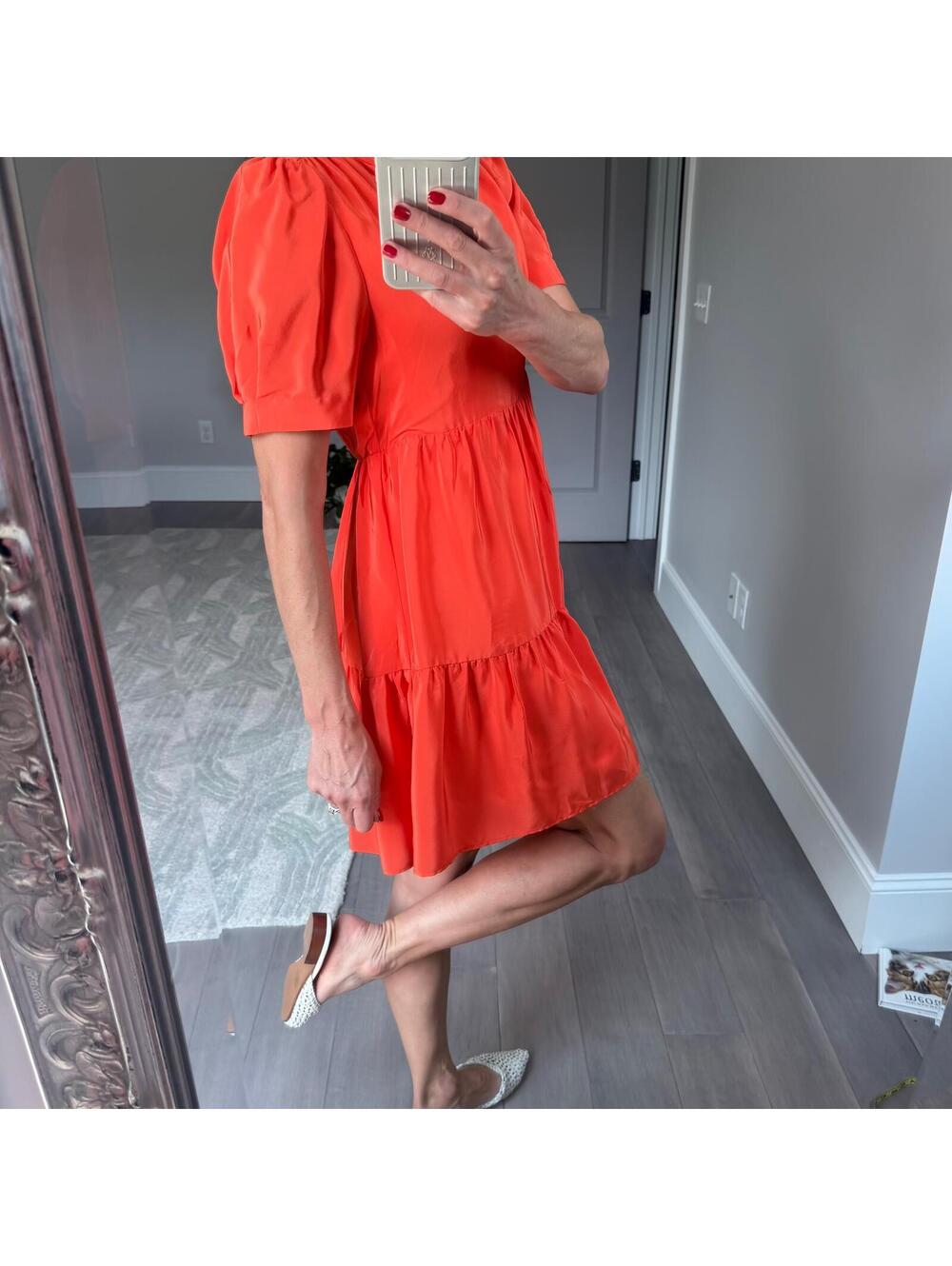 Lavender Brown Orange Color Tiered Puff Sleeve Mini Dress Size S
